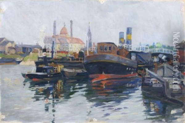 Pieschener Hafen Mit Blick Auf Dresden Oil Painting - Otto Lange