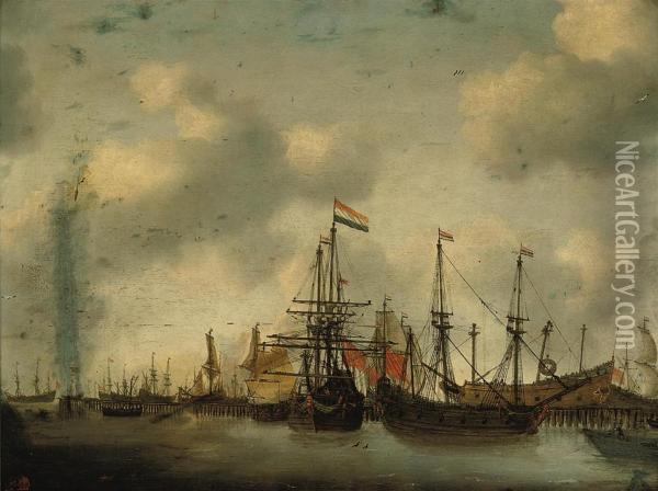 Dutch Men-o'-war And Other Shipping In A Harbour Oil Painting - Simon De Vlieger