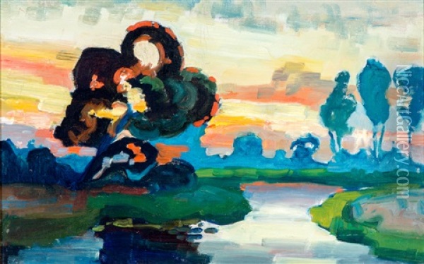 Fauvistisch Rivierlandschap Met Ondergaande Zon;
Heidelandschap; Cavia's (3 Works) Oil Painting - Chris Lanooy