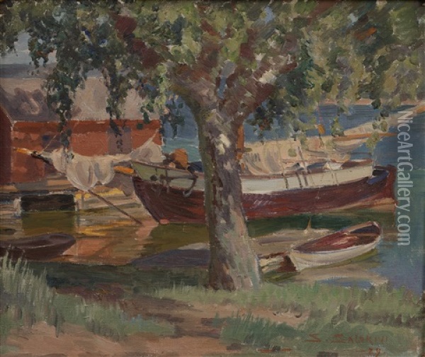 Boats By The Shore Oil Painting - Santeri Salokivi