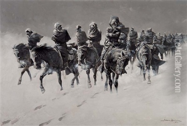 Thirty Below And A Blizzard Raging Oil Painting - Frederic Remington
