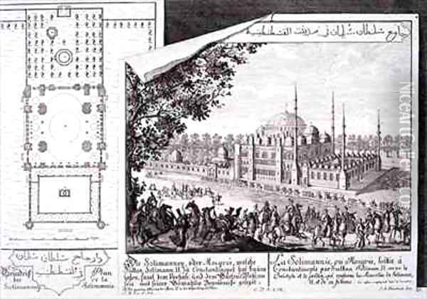Plan and View of the Suleymaniye Mosque Istanbul Oil Painting - Johann Bernhard Fischer von Erlach