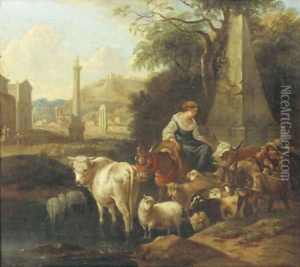 An Italianate landscape with shepherds and their cattle by a fountain 2 Oil Painting - Michiel Carree