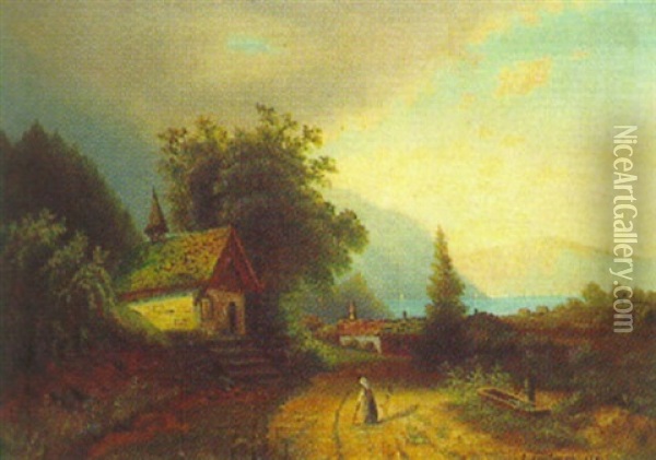 Seelandschaft Mit Dorf Und Brunnen Oil Painting - Arnold Forstmann