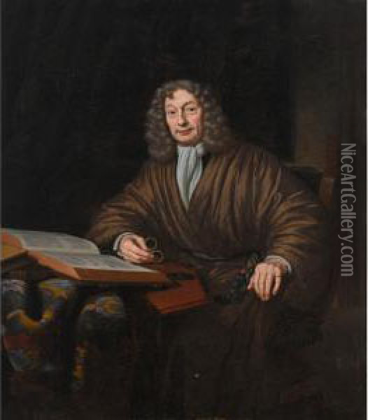 Other Properties
 

 
 
 

 
 A Portrait Of A Gentleman In His Study, Seated Three-quarter 
Length At A Table Wearing A Robe, Reading A Book And Holding A Pair Of 
Glasses In His Hand Oil Painting - Michiel van Musscher