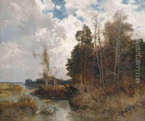Autumnal Moorlandswith Huntsmen. Oil Painting - Joseph Wenglein
