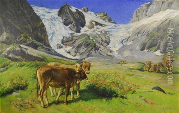 Cows In Alpine Landscape Oil Painting - Joseph Klemens Kaufmann