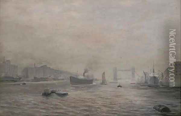A view down the Thames, with Tower Bridge beyond Oil Painting - English School