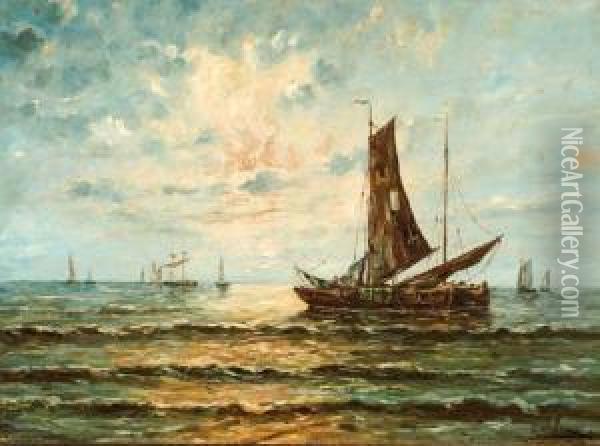Ships On The Coast Of Nieuwpoort (belgium) Oil Painting - Auguste Oleffe