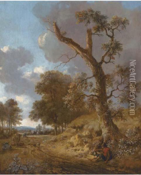 An Extensive Wooded Landscape 
With A Herdsman Resting By A Tree Andhunters On A Path In The Distance Oil Painting - Jan Wijnants