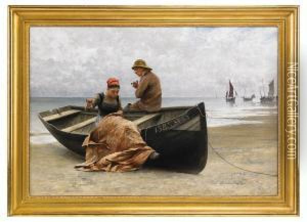 Fiskare Och Flicka Pa Stranden I Bretagne Oil Painting - August Wilhelm Nikolaus Hagborg
