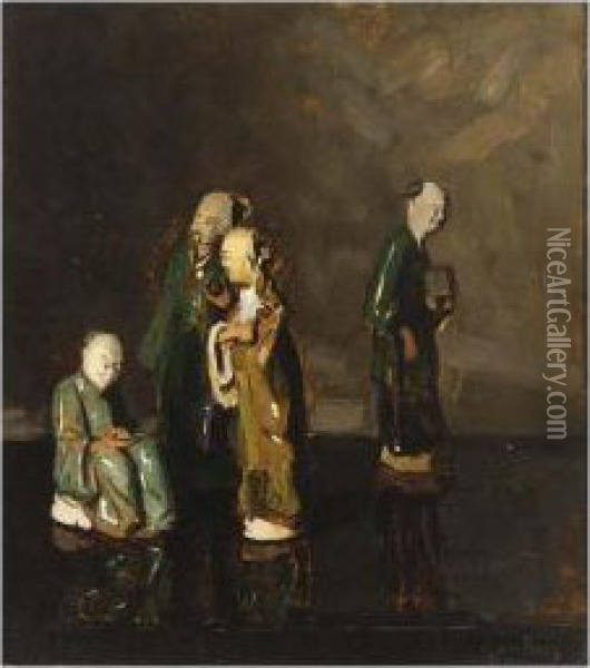 A Still Life With Chinese Porcelain Figures Oil Painting - Ans Van Den Berg