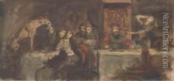 Une Scene De Banquet Avec Un Roi Et Un Felin Tenant Une Tete Danssa Gueule Oil Painting - Adolf Hiremy-Hirschl