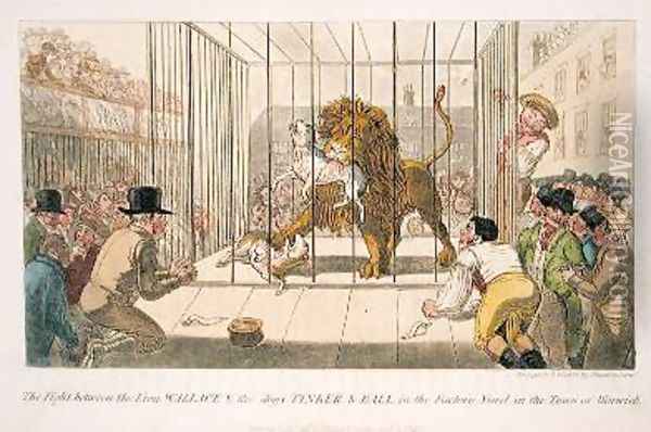 The Fight between the Lion Wallace and the Dogs Tinker and Ball in the Factory Yard in the Town of Warwick Oil Painting - Theodore Lane