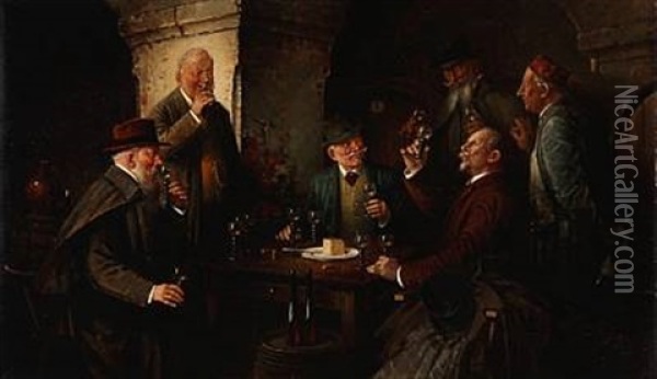 Men Tasting The Wine Oil Painting - Hans August Lassen