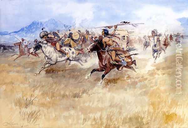 The Battle Between the Blackfeet and the Piegans Oil Painting - Charles Marion Russell