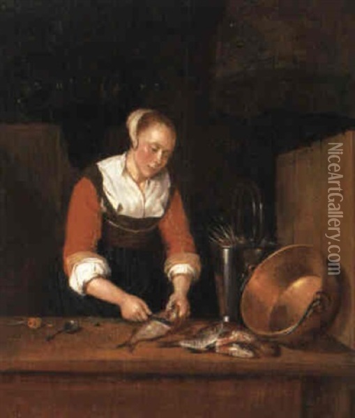 Frau Beim Fischfiletieren Oil Painting - Quiringh Gerritsz van Brekelenkam