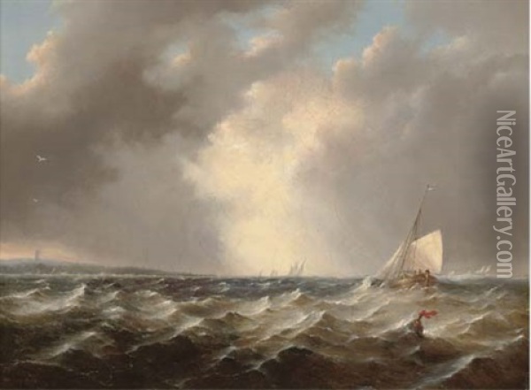 A Stiff Breeze Offshore Oil Painting - Johannes Hermanus Barend Koekkoek