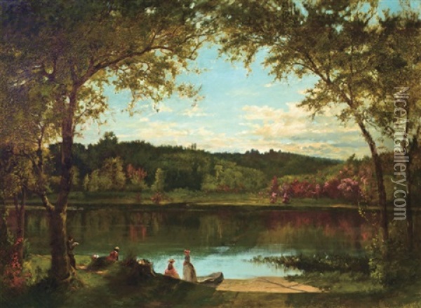 Activities Along A Riverbank Oil Painting - Joseph Morviller