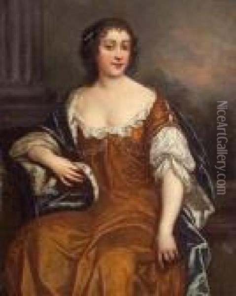 A Portrait Of A Lady, Seated, 
Wearing A Brown Dress With An Ermine-trimmed Cloak, Thought To Be Lady 
Bellasys Oil Painting - Sir Peter Lely