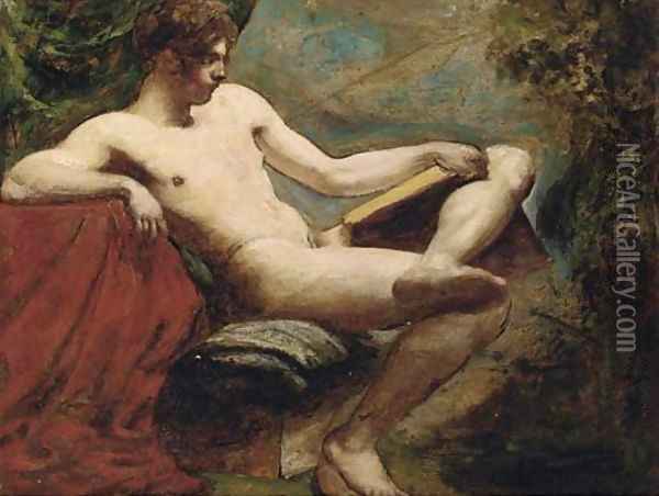 Study of a nude youth reading a book Oil Painting - William Etty
