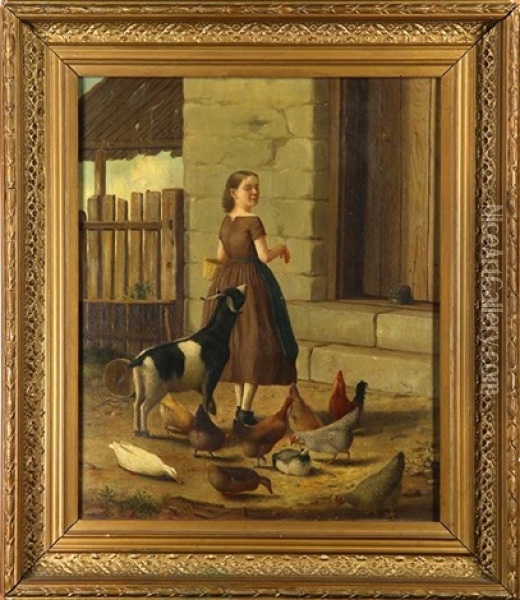 Girl Feeding Farm Animals Oil Painting - James Long Scudder