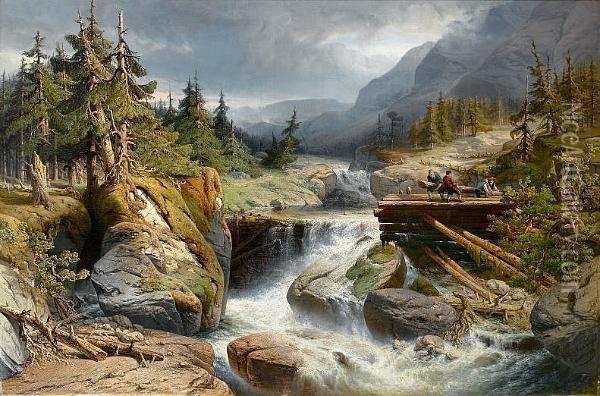 A Mountainous Landscape With Lumberjacks Near A Waterfall Oil Painting - Gerard Jozef Adrian Van Luppen