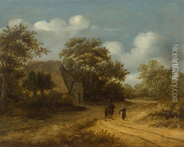 Cottage With Passers-by In A Wooded Landscape Oil Painting - Meindert Hobbema