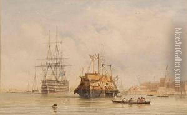 Prison Hulk And Naval Vessels In Portsmouthharbour Oil Painting - Thomas Sewell Robins