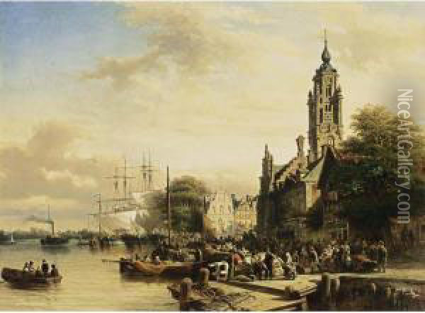 Numerous Townsfolk On A Quay, Middelburg Oil Painting - Elias Pieter van Bommel