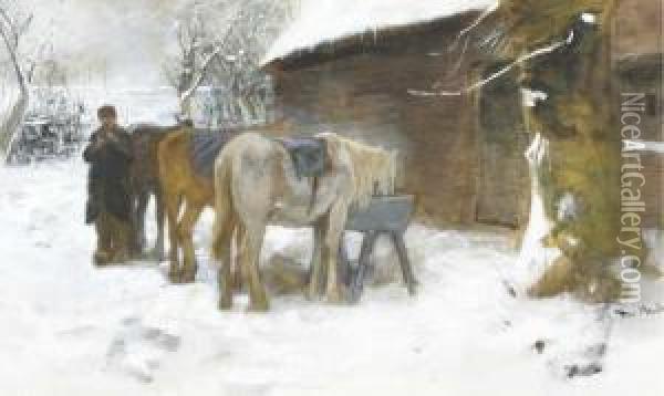 Feeding The Horses In Winter Oil Painting - Francois Pieter ter Meulen