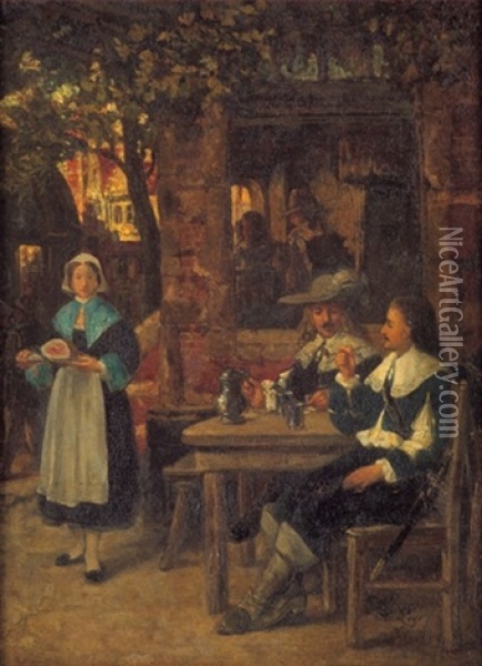 Zwei Edelleute In Einer Gartenwirtschaft Oil Painting - Hendrik Jan Augustyn Leys