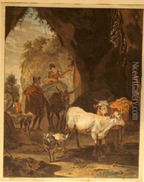 Farmers Guiding There Animals Through A Smallriver Oil Painting - Nicolaes Berchem