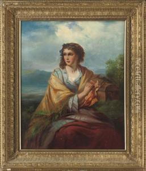 Portrait Of A Girl, 
Three-quarter-length, Seated With Her Left Arm Resting On A Chest, An 
Extensive Landscape Beyond Oil Painting - Thomas Brooks