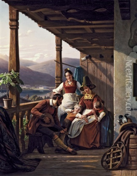 Ein Abend In Tirol - Tiroler Bauernfamilie Auf Der Veranda Mit Blick Auf Einen Bergsee Oil Painting - Ludwig August Most