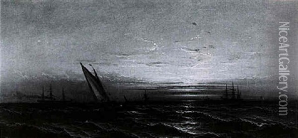 Ships At Sea, Break Of Day Oil Painting - James Hamilton