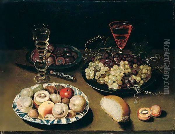 Still Life Of Peaches, Figs, Apples And Walnuts In A Blue And White Porcelain Bowl, Together With Grapes And Plums In Pewter Dishes, Wine Glasses, Bread And A Knife, All Arranged Upon A Table Top Oil Painting - Osias, the Elder Beert