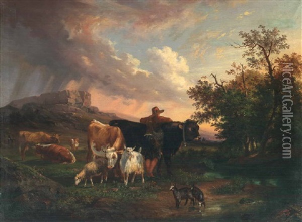 Kuhe, Schaf Und Ziegen Mit Einem Hirten Auf Der Wiese Oil Painting - Victor Herment
