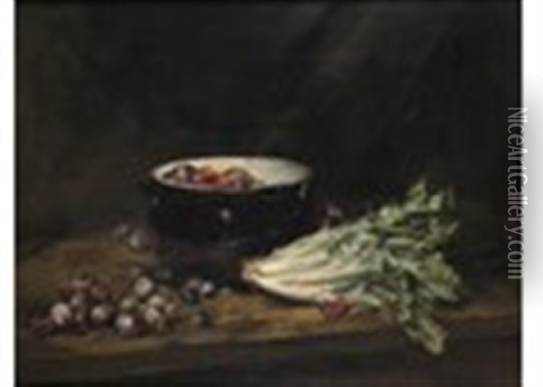 Still Life Of Lettuce And Plums In A Bowl Oil Painting - Antoine Vollon