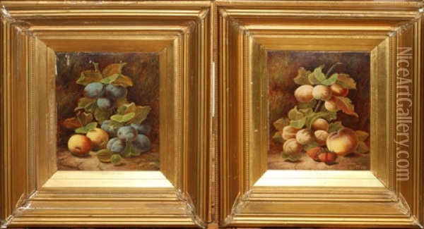 Peaches And Strawberries And Peaches And Plums (pair) Oil Painting - Oliver Clare