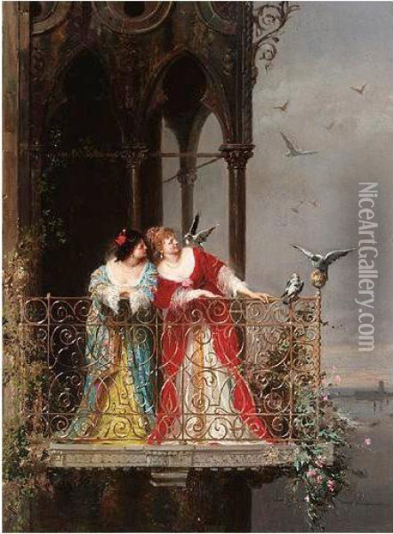 Two Ladies On A Balcony Oil Painting - Arnoldo Corrodi