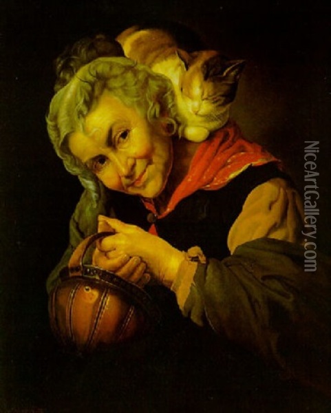 Eine Alte Frau Mit Ihrer Katze Oil Painting - Antonio Rotta
