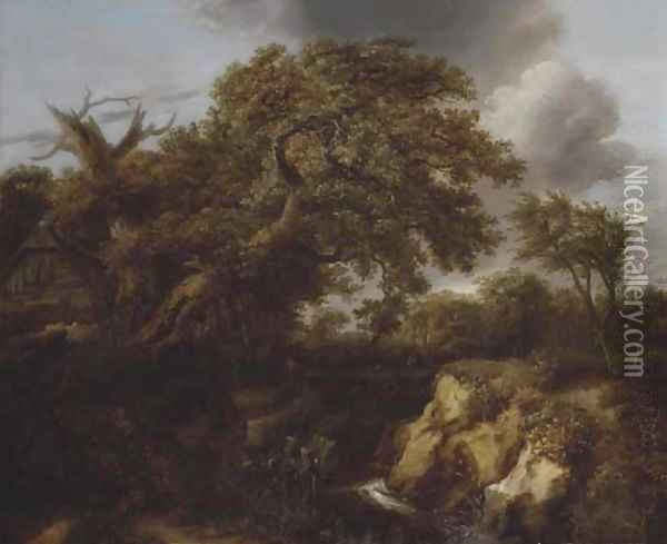 A wooded river landscape with travellers on a track by a cottage Oil Painting - Cornelius Decker
