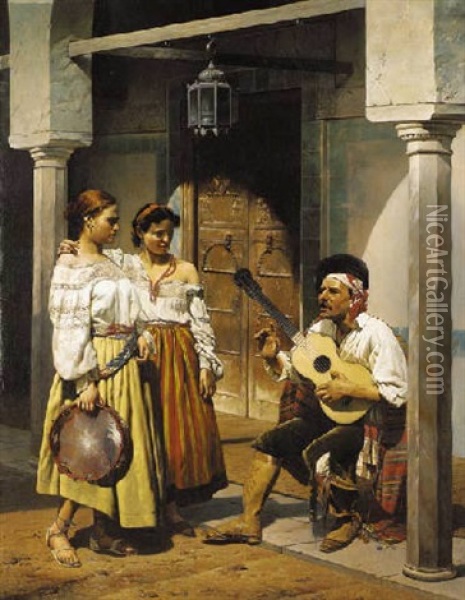 Andalucian Musicians Oil Painting - Charles (Louis Etienne Ch.) Porion