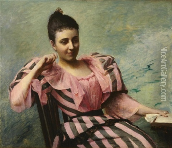 A Seated Woman In A Striped Dress Oil Painting - Rose Lamb