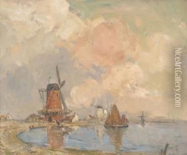 Uferpartie Mit Windmuhlen Oil Painting - Ernest Vauthrin