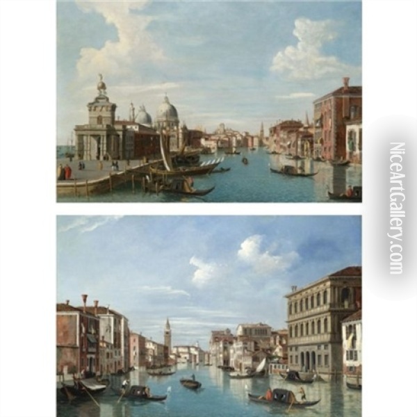 A View Of The Dogana And Santa Maria Salute On The Grand Canal (+ A View Of The Grand Canal Looking North-west From The Palazzo Corner To The Palazzo Contarini Dagli Scrigni; Pair) Oil Painting - William James