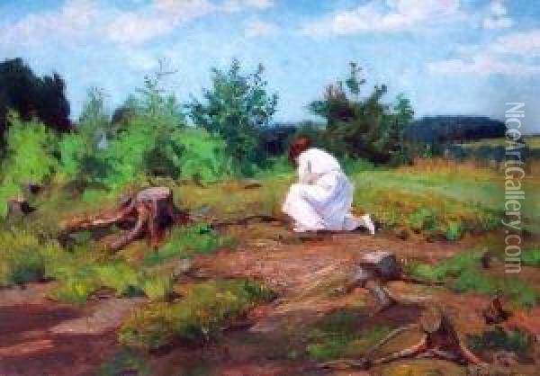 Kniende Frau In Weisem Kleid In Baumbestandener Landschaft Oil Painting - Richard Gutschmidt