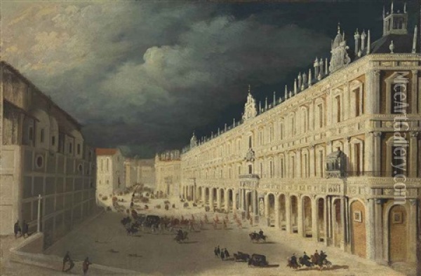 A Capriccio View Of An Italian Piazza With A Royal Procession Oil Painting - Francois de Nome