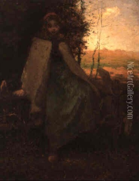 Shepherdess Seated On A Fence (la Barriere) Oil Painting - Jean-Francois Millet
